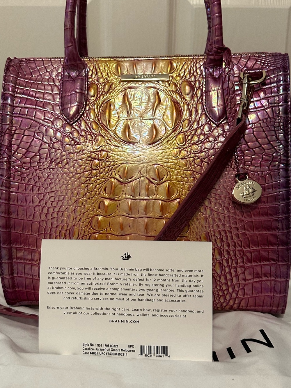 Brahmin Grapefruit Ombre Large Caroline Pink/Purple and Gold Satchel NWOT - Picture 12 of 15